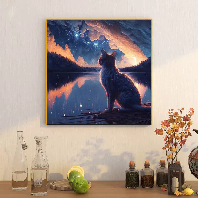 星空小猫咪十字绣2025新款5d满钻带框手工diy粘贴钻小幅装饰画,居家布艺,钻石绣,淘宝优惠券,粉丝福利购,淘宝优惠卷