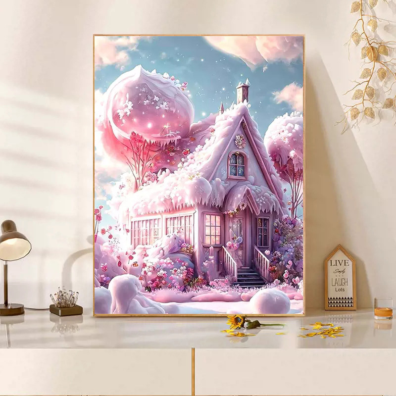 雪季粉色小屋十字绣2025新款满钻手工diy贴钻带相框客厅装饰画