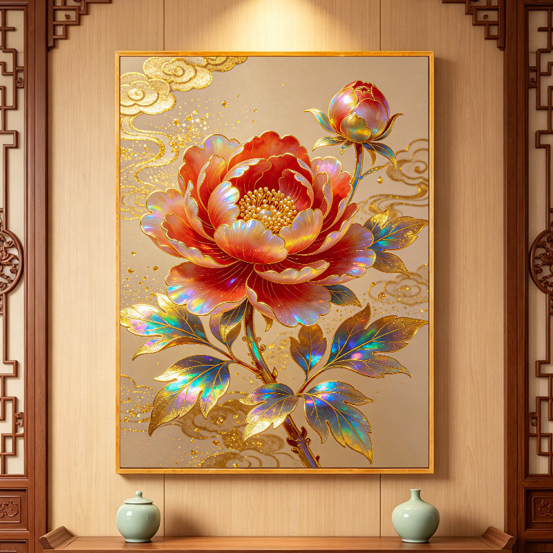 鎏金炫彩牡丹diy钻石画2026新款客厅玄关花开富贵装饰画手工粘钻