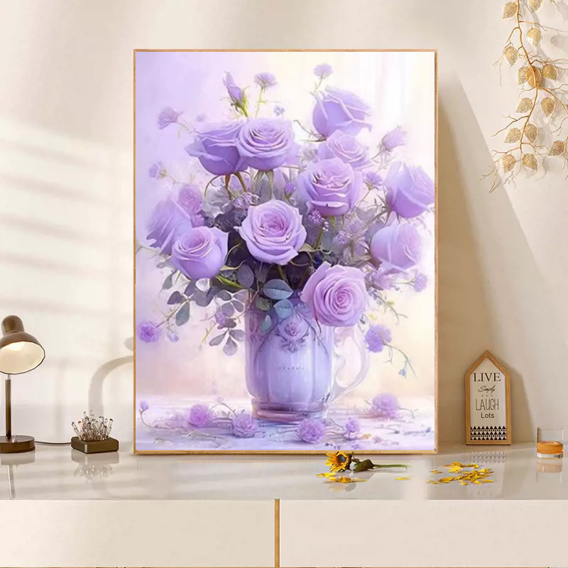 玫瑰花卉钻石画diy手工自粘满钻有框浪漫十字绣玄关卧室装饰画图片