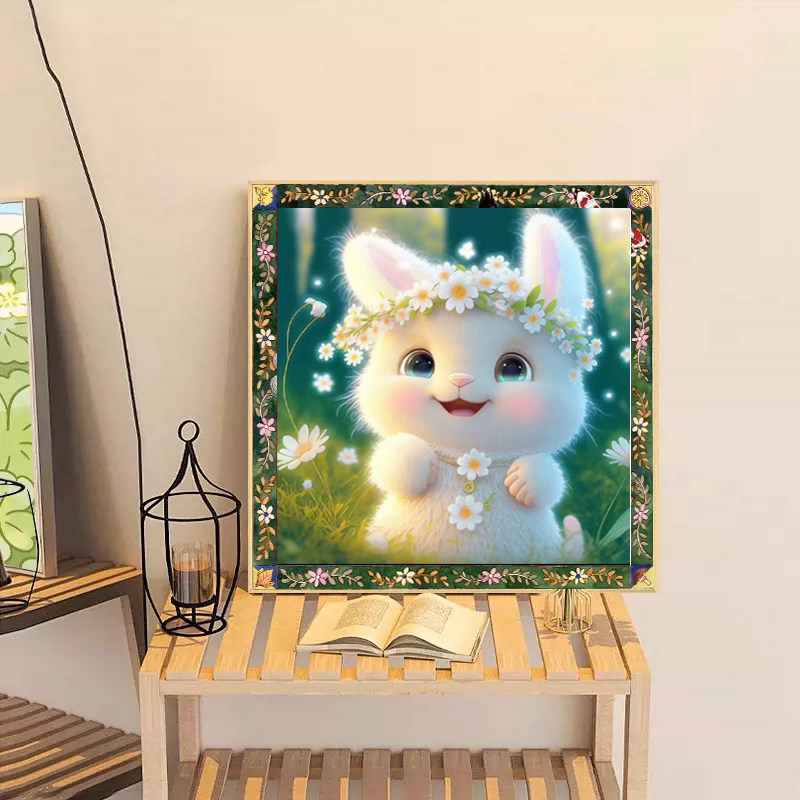 可爱小白兔子钻石贴画2025新款5d满钻儿童手工贴钻带框卧室十字绣