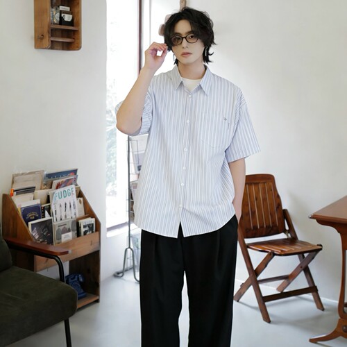 壹番ICHIBAN 26SS/ cityBoy 日系廓形条纹短袖衬衫 宽松衬衣外套
