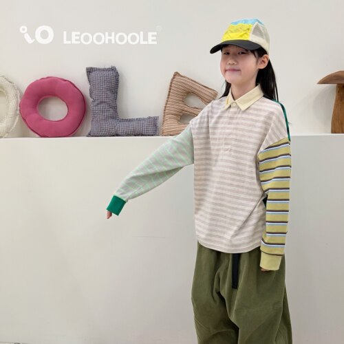 LEOOHOOLE | 哦哦乐 日系条纹拼接翻领刺绣polo衫T恤打底衫