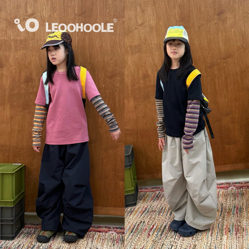 LEOOHOOLE | 哦哦乐 山系运动条纹拼接假两件儿童长袖T恤