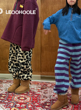 LEOOHOOLE | 哦哦乐 必入时髦豹纹条纹羊羔毛束脚儿童运动裤亲子