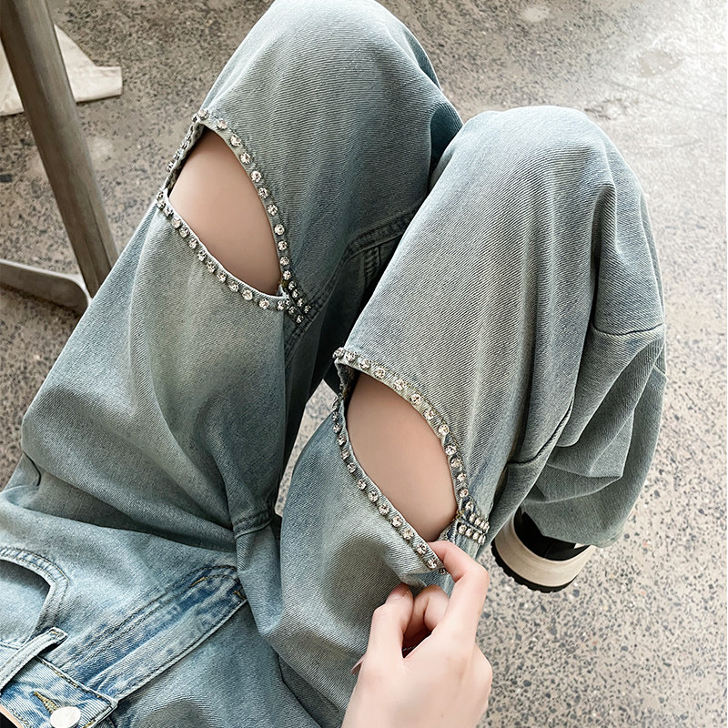 复古破洞带钻阔腿牛仔裤女图片