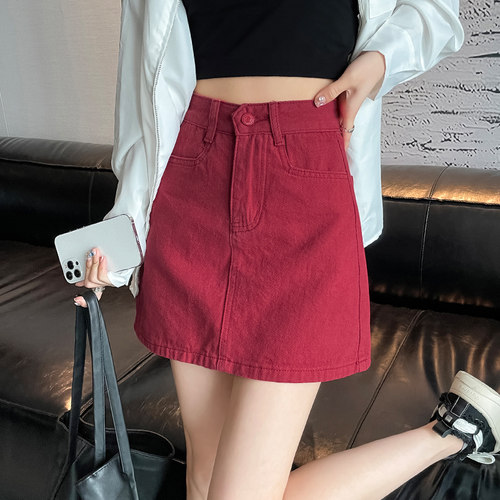 酒红色牛仔短裙女梨形身材半身裙