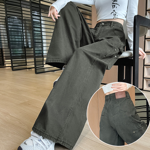 辣妹酷飒风工装牛仔裤女2026春季大口袋直筒阔腿垂感墨绿色休闲裤