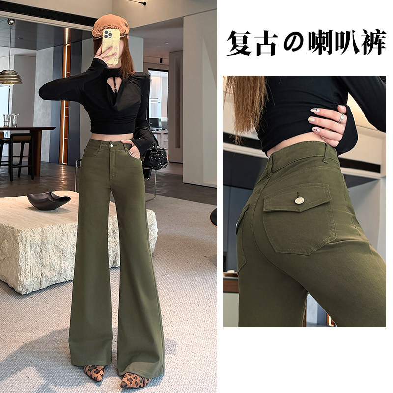 复古橄榄绿阔腿微喇牛仔裤女士图片