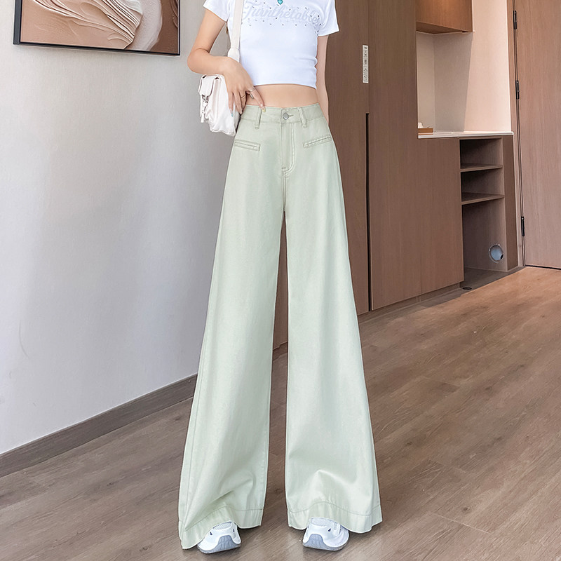 抹茶绿直筒阔腿牛仔裤女天丝裤子图片