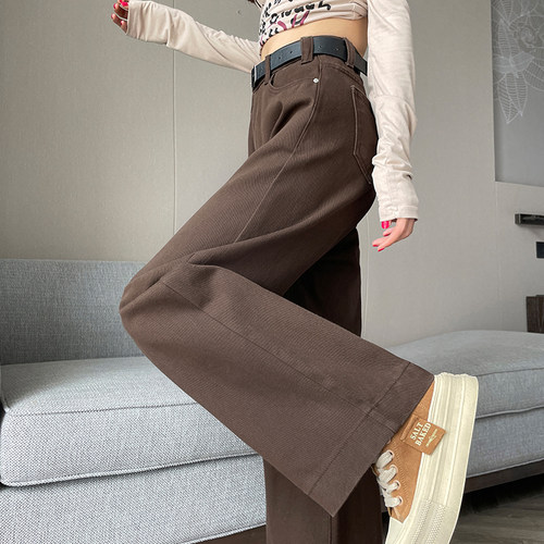 美式棕色宽松阔腿直筒牛仔裤女