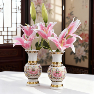陶瓷供花瓶一对观音插鲜花佛前家用寺庙荷花莲花佛台佛堂干花假花