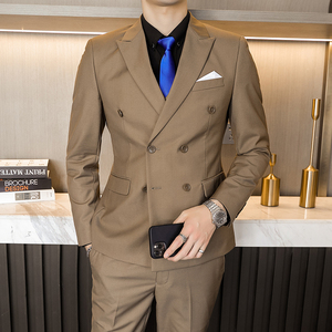 主推款模特男士大码西服三件套双排扣10个色外贸跨境7110卡其p188图片