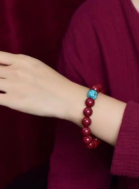 天然朱砂手串高含量紫金砂12mm圆珠DIY款带坠平安手链吞兽貔貅