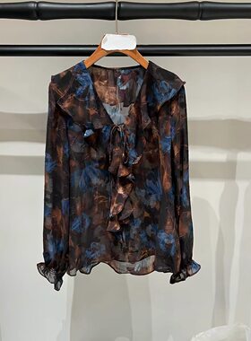 水墨印花荷叶边领系带长袖衬衫女