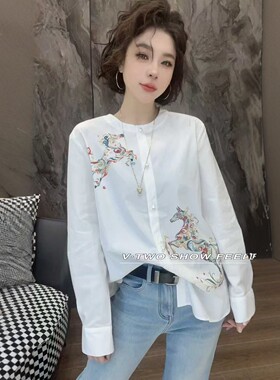 印花唐三彩马新中式国风衬衫女潮