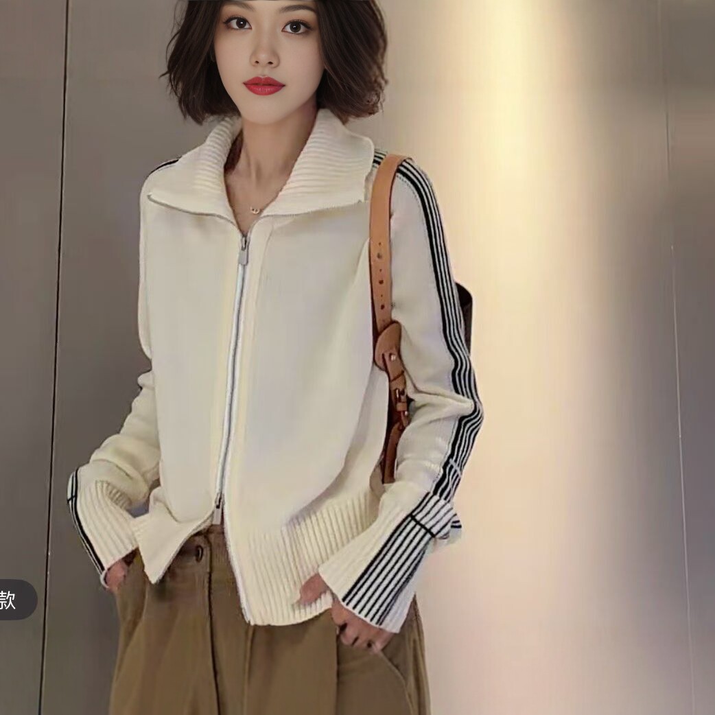 时尚线条拼色毛衣外套女2026秋潮