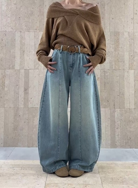 eeg58876-5弯刀牛仔裤女2025新款欧洲站洋气时尚宽松牛仔阔腿裤潮