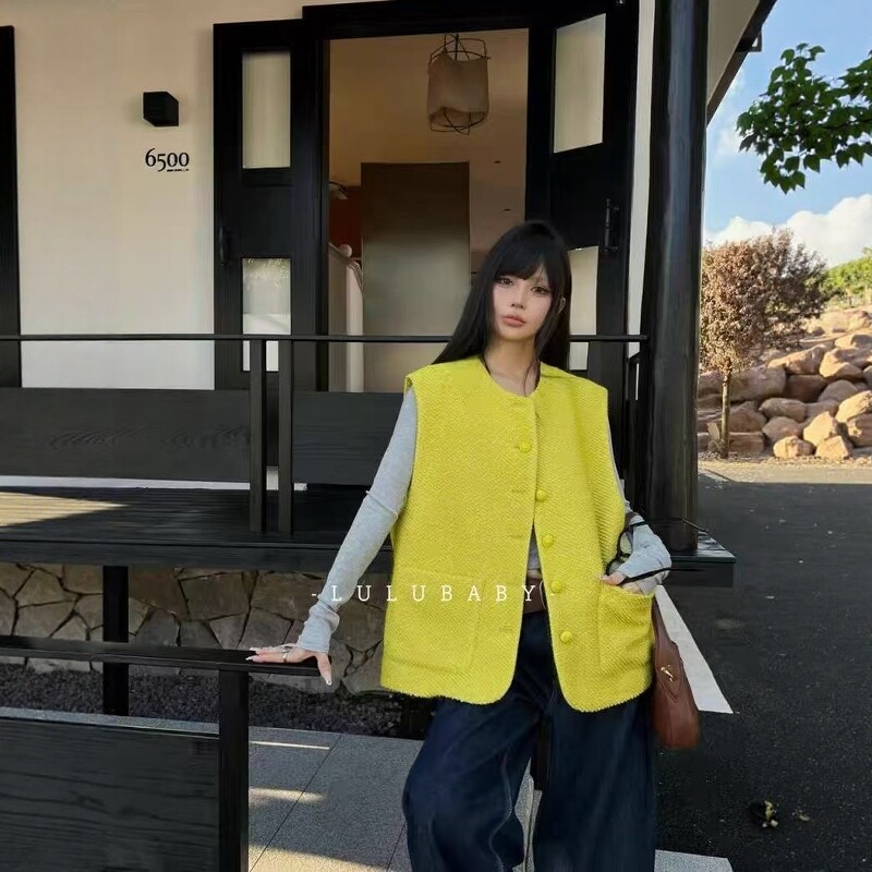 圆领无袖黄色小香风马甲女2025新