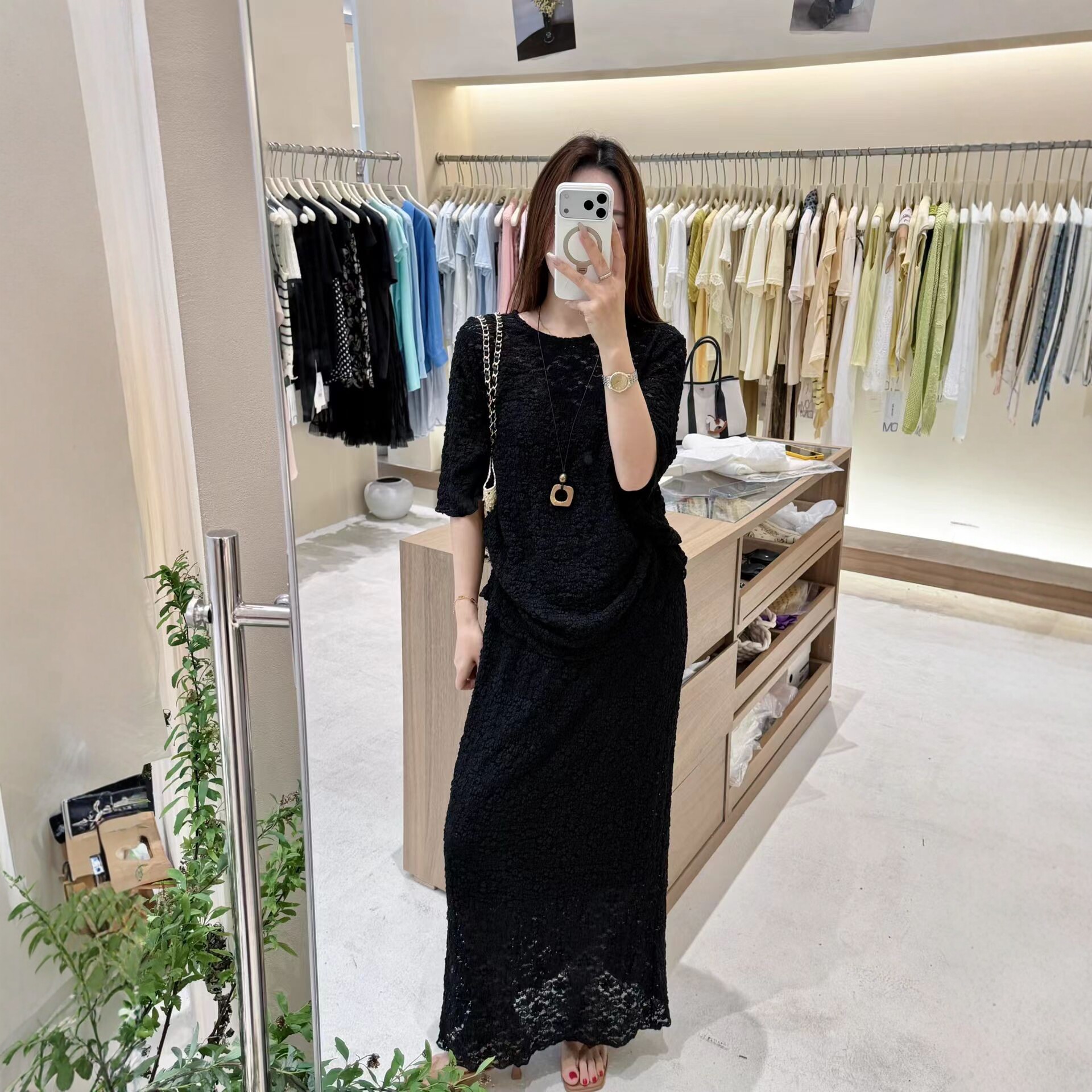气质网纱蕾丝黑色套装裙女2026秋