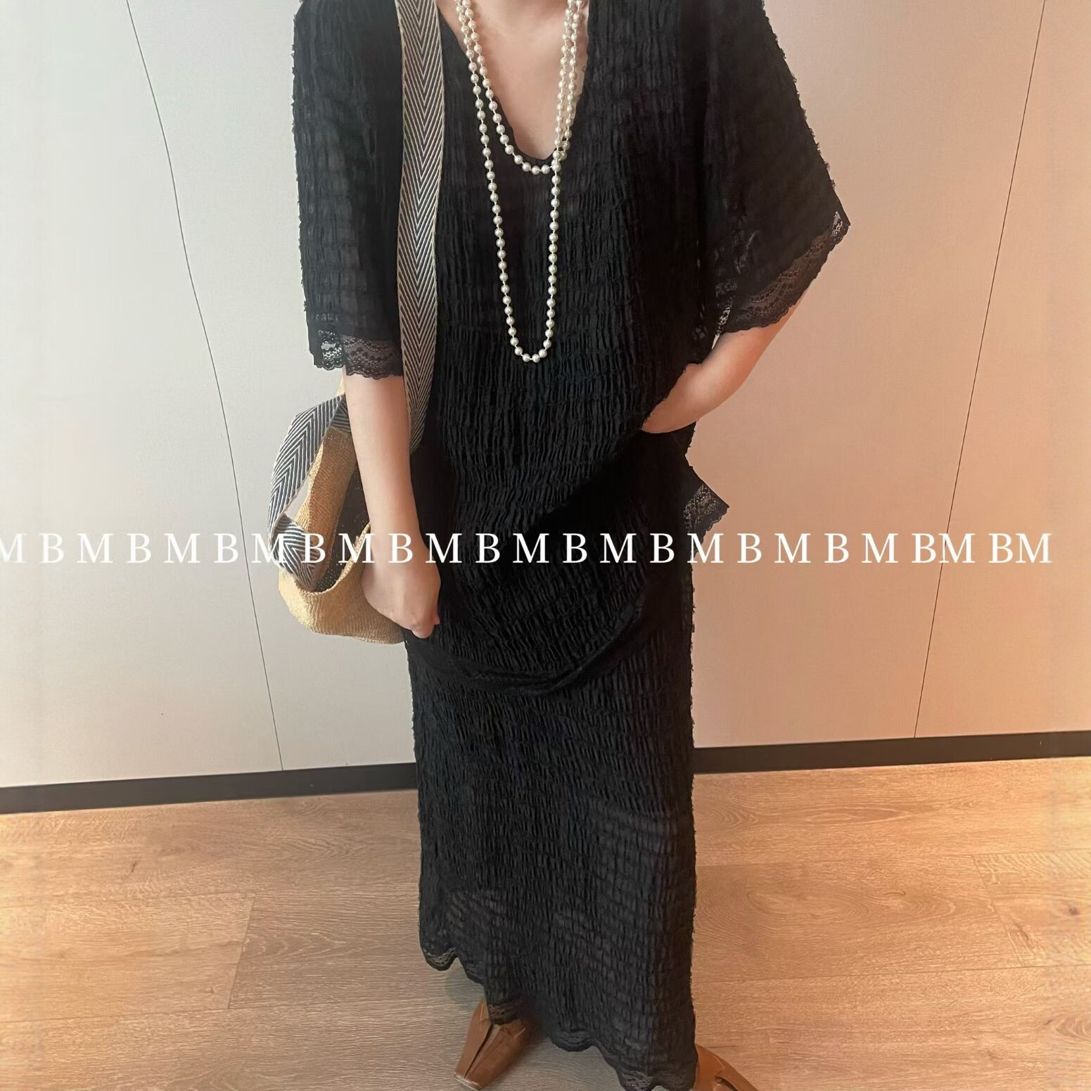 垫肩半袖微透时髦小香风套装女2026年新款夏季欧洲站半身裙两件套