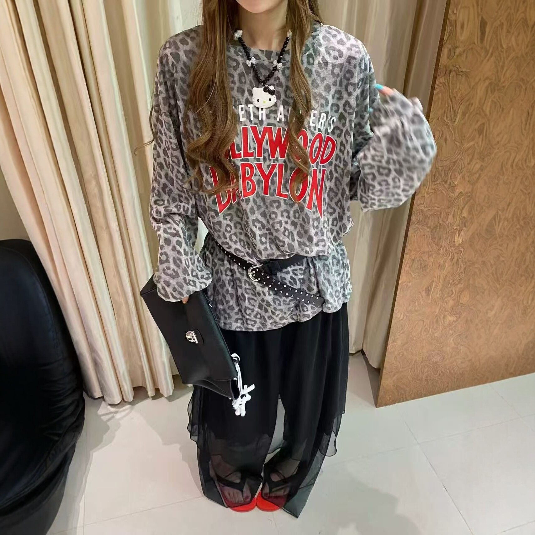 欧货豹纹T恤女长袖百搭防晒罩衫