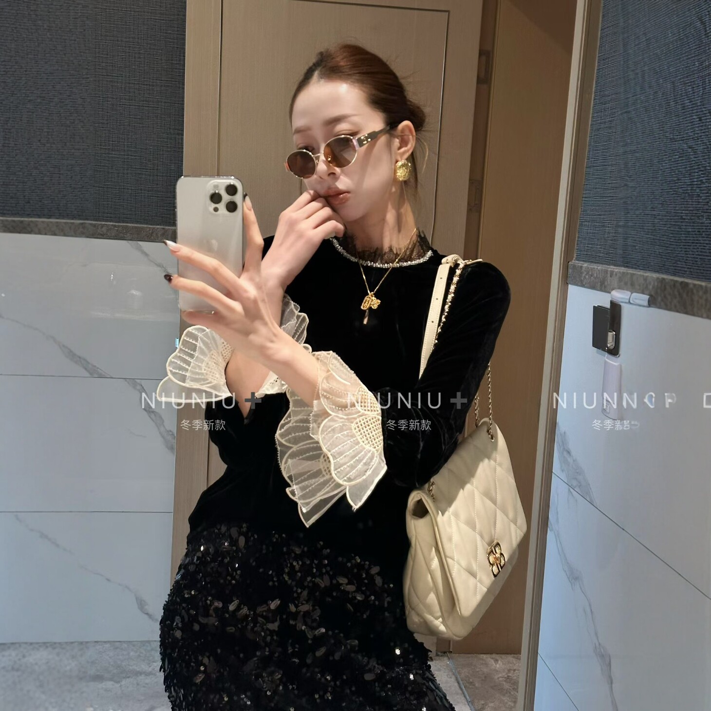 欧洲站欧根纱喇叭袖丝绒衬衫女潮