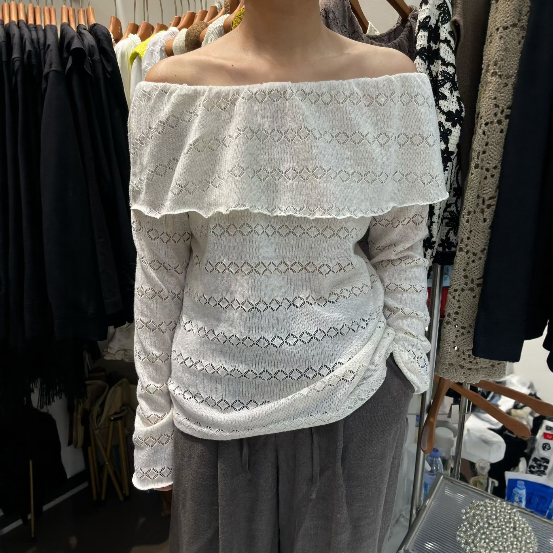 一字肩荷叶边衬衫女蕾丝衫上衣女