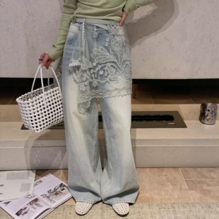 裤 欧洲站26春夏新款 高腰拼接蕾丝屁帘裙裤 显瘦牛仔阔腿裤 棉质长裤