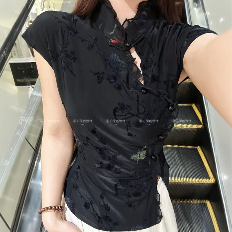 植绒碎花立领飞飞袖国风衬衫女潮