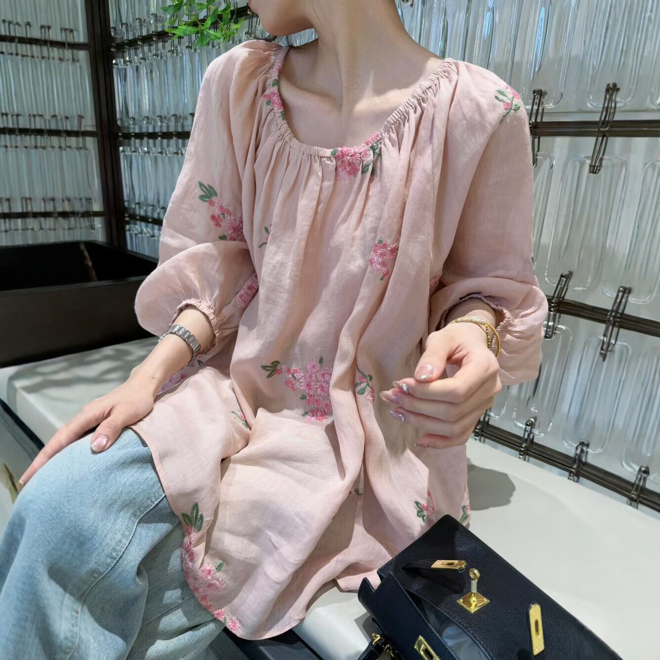 一字肩苎麻衬衫女套头2026夏新潮