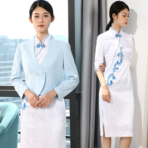 空姐旗袍连衣裙改良版中式工装青花茶楼酒店前台接待售楼部工作服