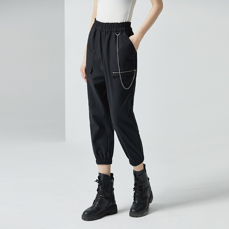 工装裤女束脚2025年春新款黑色宽松显瘦裤子女松紧腰休闲九分女裤,女装/女士精品,休闲裤,淘宝优惠券,粉丝福利购,淘宝优惠卷
