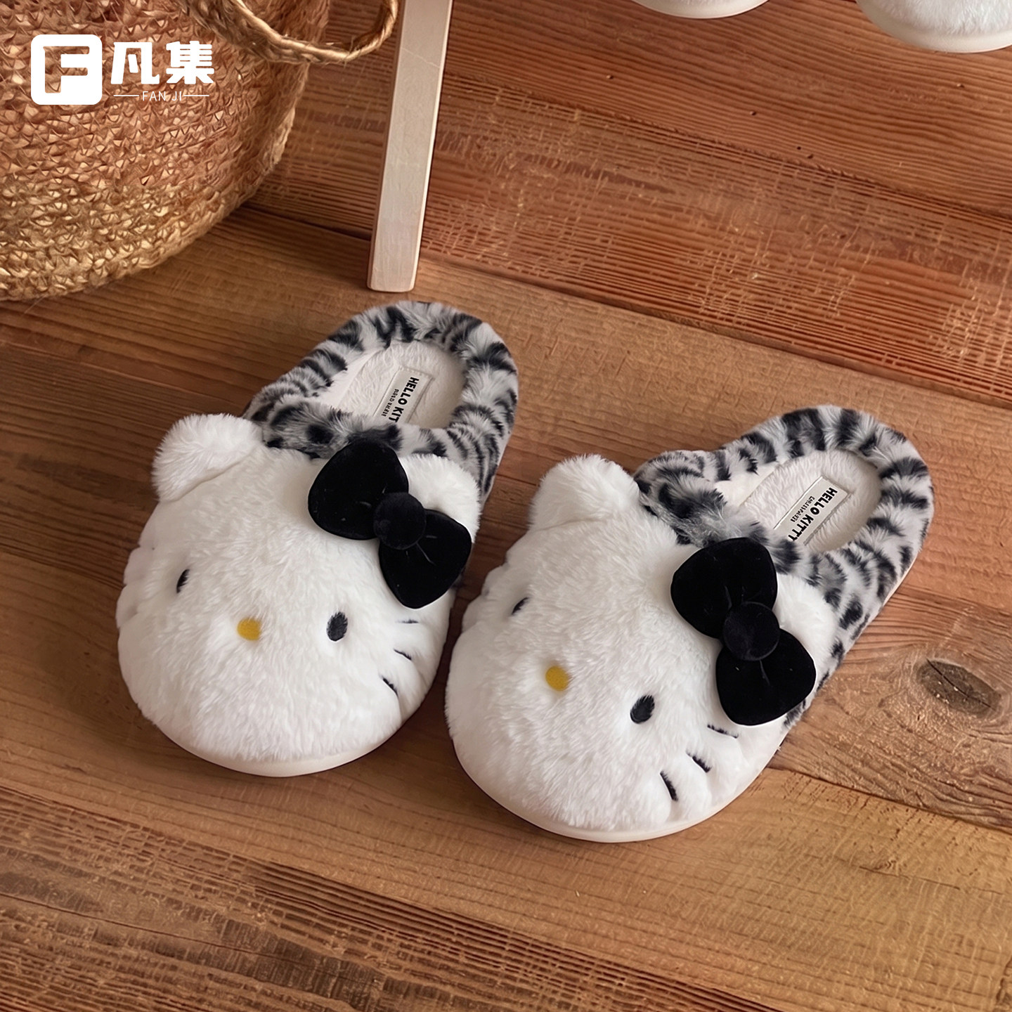 可爱蝴蝶结Kitty猫豹纹棉拖鞋女冬季室内居家包头保暖防滑毛毛鞋