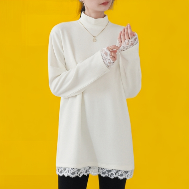 德绒半高领蕾丝花边中长款打底衫女秋冬韩系百搭长袖T恤保暖上衣