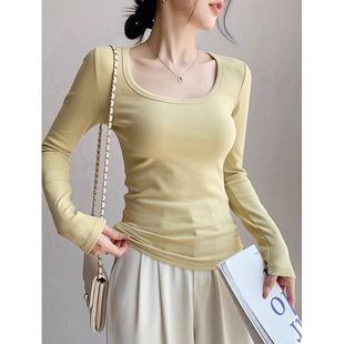 纯棉螺纹打底衫女内搭春秋新款流行百搭U领长袖T恤女修身上衣秋冬