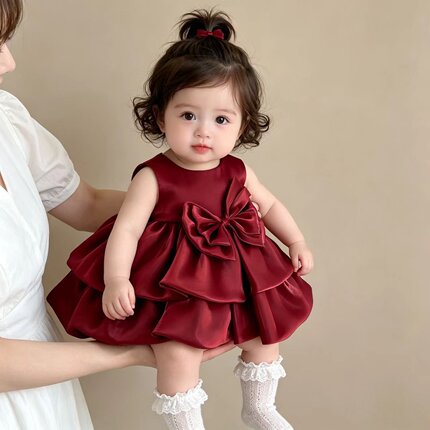 婴儿百日宴红色礼服夏季轻薄连衣裙女宝宝百天一周岁千金风公主裙