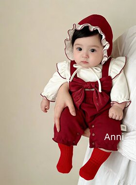满月婴儿衣服2026春装纯棉连体衣女宝宝百日宴周岁红色礼服拜年服
