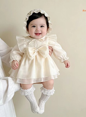 婴儿公主裙春秋装包屁哈衣裙小月龄女宝宝满月百天礼服周岁网纱裙