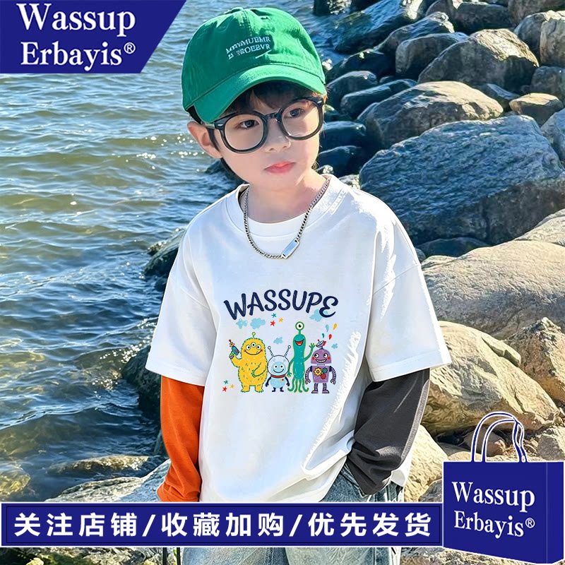男童假两件长袖儿童纯棉T恤
