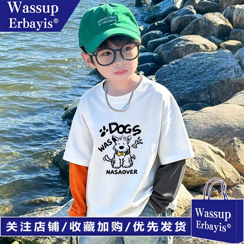 男童春秋装长袖假两件T恤纯棉