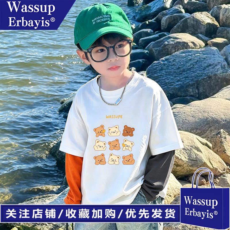 男童假两件长袖儿童纯棉T恤