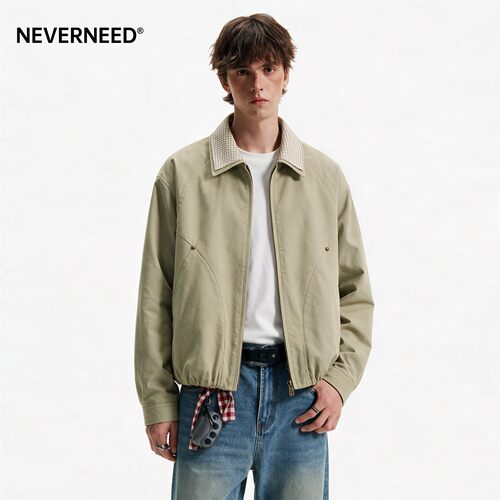 NEVERNEED格纹翻领夹克男女秋季美式潮牌休闲情侣装boxy短宽外套