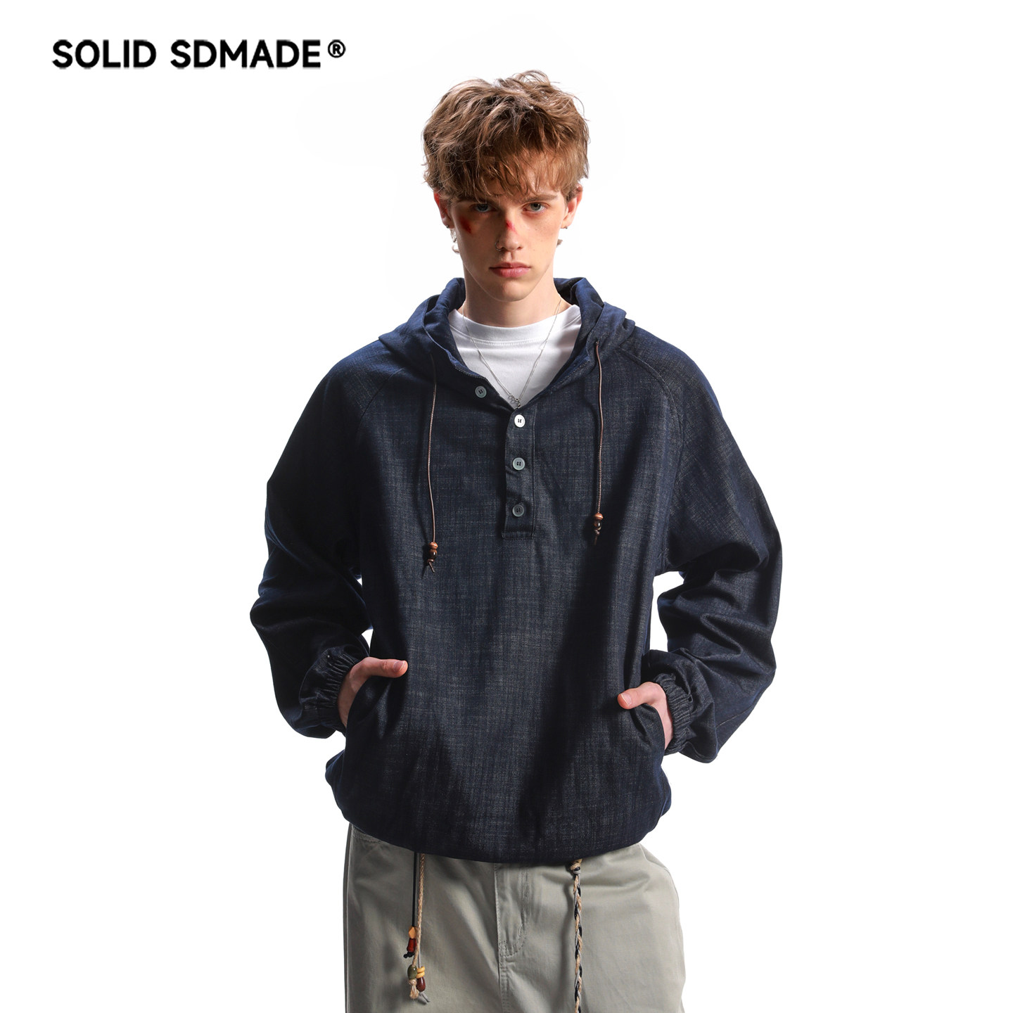 SOLID SDMADE 美式复古仿牛仔半开襟套头连帽卫衣男秋季百搭上衣