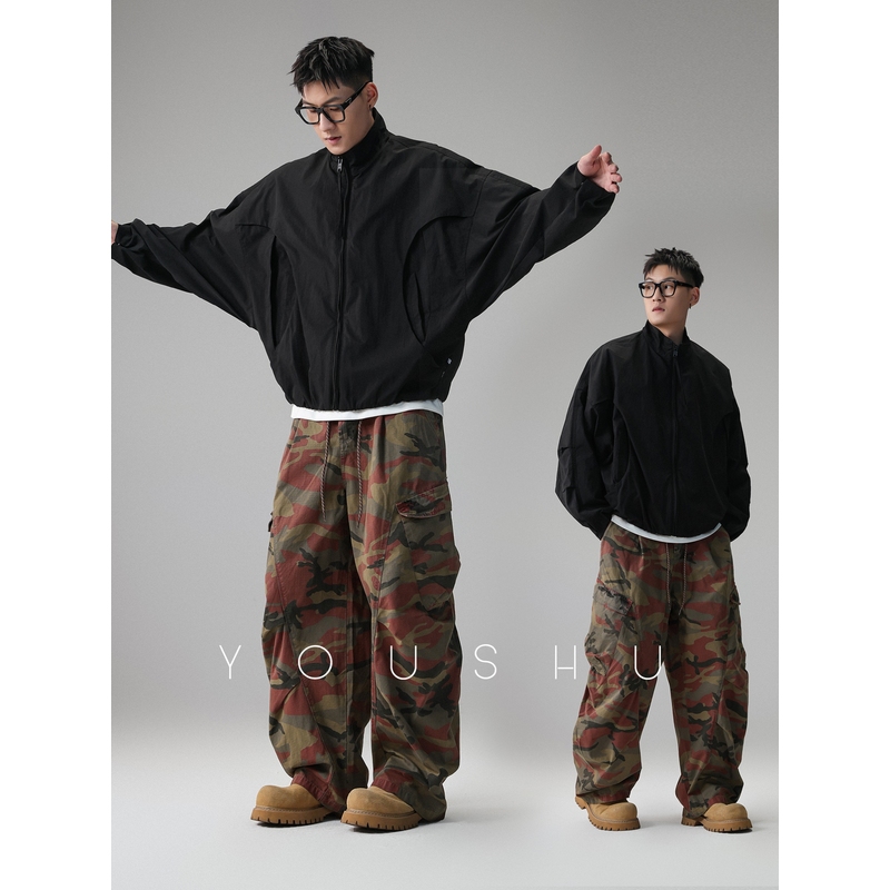 YOUSHU立领美式夹克男士2025秋季新款蝙蝠袖宽松飞行短款外套潮牌