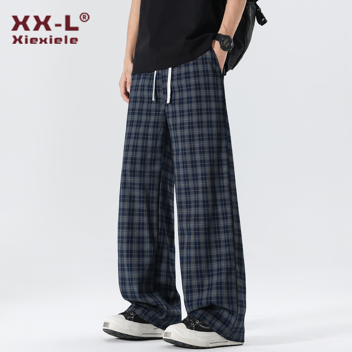 夏季薄款复古蓝色格子休闲裤男女美式慵懒格纹裤阔腿宽松直筒裤子