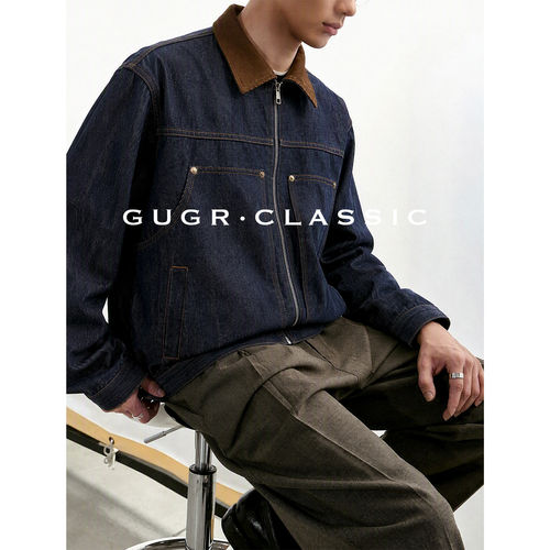 GUGR【巴恩美学】丹宁原色牛仔夹克男秋季老钱风拼接翻领工装外套