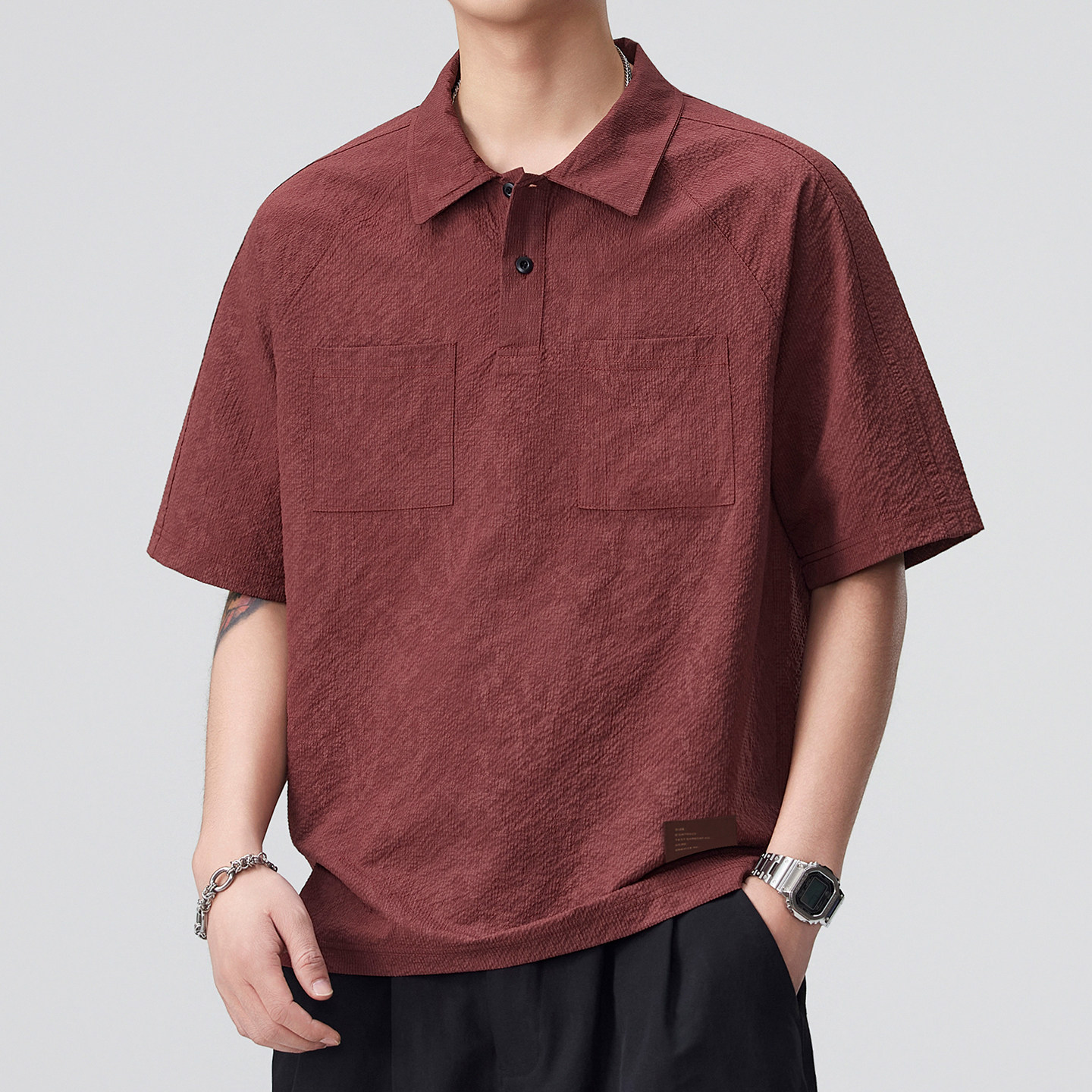 肌理感翻领Polo衫男短袖酒红色工装风夏季薄款泡泡纱高端T恤上衣