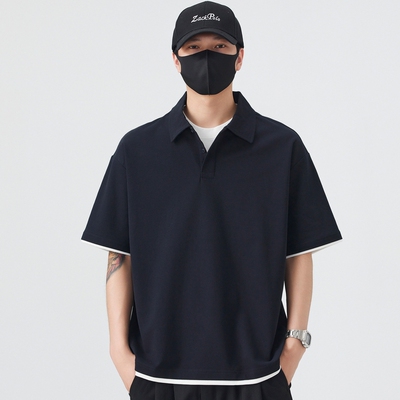假两件翻领polo衫男款夏季2025新款宽松休闲纯色带领短袖t恤男潮