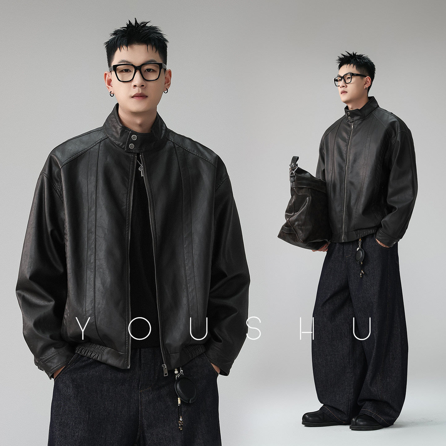 有术复古PU皮纯色立领廓形夹克男2026秋季机车风痞帅宽松皮衣外套